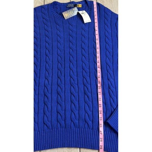 Polo Ralph Lauren XXL ROYAL BLUE CABLE Knit Crew-Neck Sweater GREEN PONY NEW - Picture 8 of 11